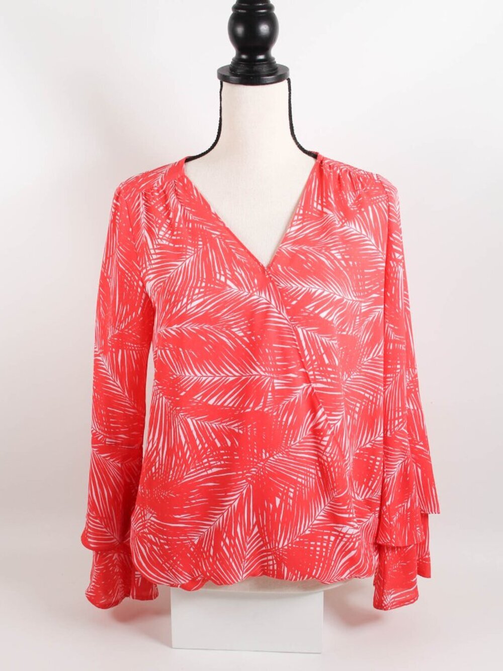 Michael Kors Coral Palm Print Faux Wrap Blouse XS Bell Sleeve